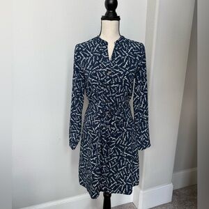 Banana Republic Navy French Script Print Long-Sleeve Button Down Dress